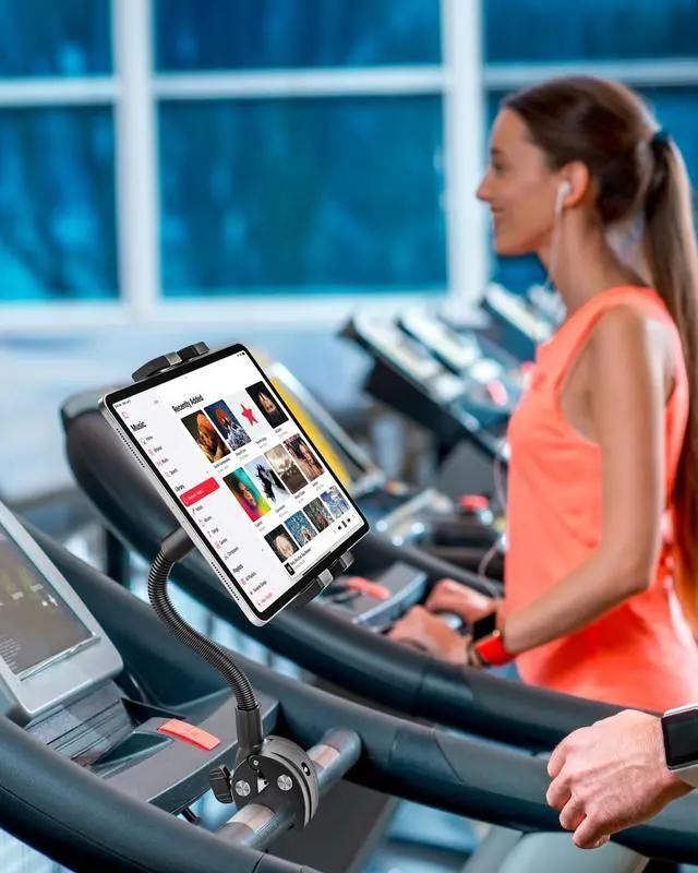 Alt view image 2 of 5 - Gooseneck Tablet Holder for Wheelchair/Stroller/Golf Cart/Boat/Mic Stand/Indoor Cycling Bike/Gym Bicycle Handlebar Clamp, Compatible with 4.7-13" iPad Pro/Air/Mini, iPhone, Galaxy, Fire HD, E-Book