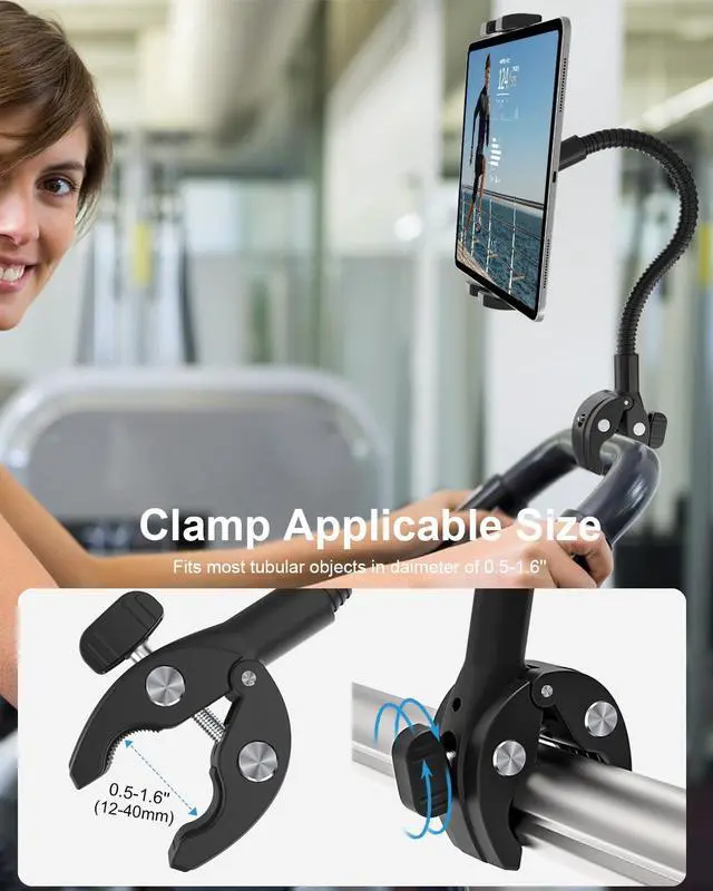 Alt view image 5 of 5 - Gooseneck Tablet Holder for Wheelchair/Stroller/Golf Cart/Boat/Mic Stand/Indoor Cycling Bike/Gym Bicycle Handlebar Clamp, Compatible with 4.7-13" iPad Pro/Air/Mini, iPhone, Galaxy, Fire HD, E-Book