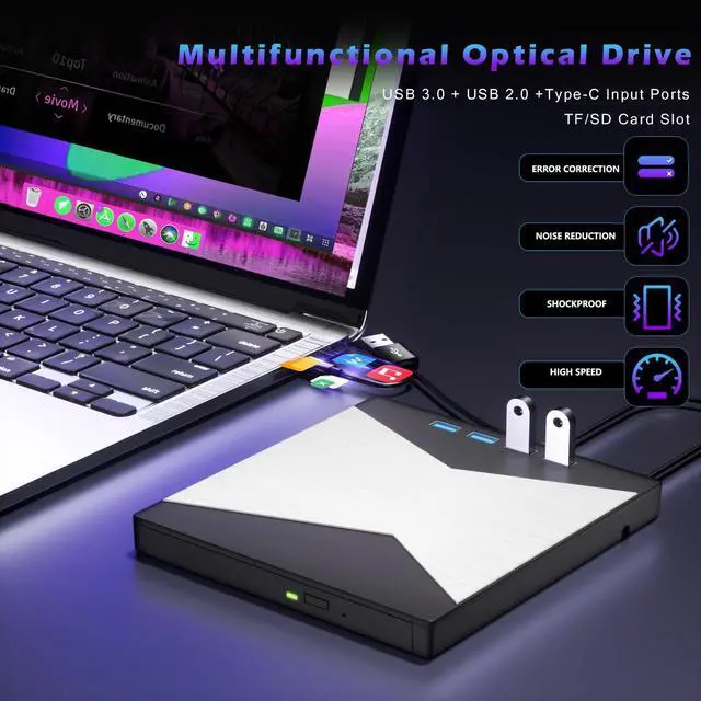 Alt view image 3 of 5 - External CD/DVD Drive for Laptop, DVD Player for Laptop, 8 in 1 Ultra-Slim CD Burner with 4 USB Ports and 2 TF/SD Card Slots, External Disk Drive Optical Compatible with Desktop Mac Windows