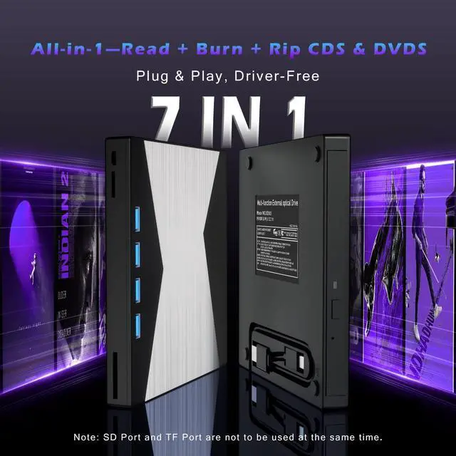 Alt view image 4 of 5 - External CD/DVD Drive for Laptop, DVD Player for Laptop, 8 in 1 Ultra-Slim CD Burner with 4 USB Ports and 2 TF/SD Card Slots, External Disk Drive Optical Compatible with Desktop Mac Windows