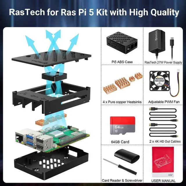 Alt view image 2 of 5 - Vemico 8GB Kit for Rasberry Pi 5 Starter Kit with Pi5 8GB Board, 64GB Card Readers Kit,Pi 5 Case, 27W 5.1V5A USB-C Power Supply, 4 Copper Heatsinks, Dual 4K Micro HD Out Cables