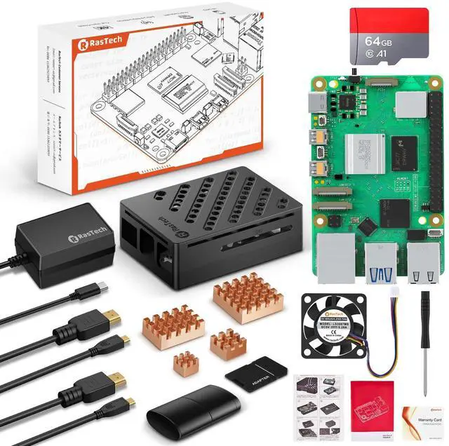 Main image of Vemico 8GB Kit for Rasberry Pi 5 Starter Kit with Pi5 8GB Board, 64GB Card Readers Kit,Pi 5 Case, 27W 5.1V5A USB-C Power Supply, 4 Copper Heatsinks, Dual 4K Micro HD Out Cables