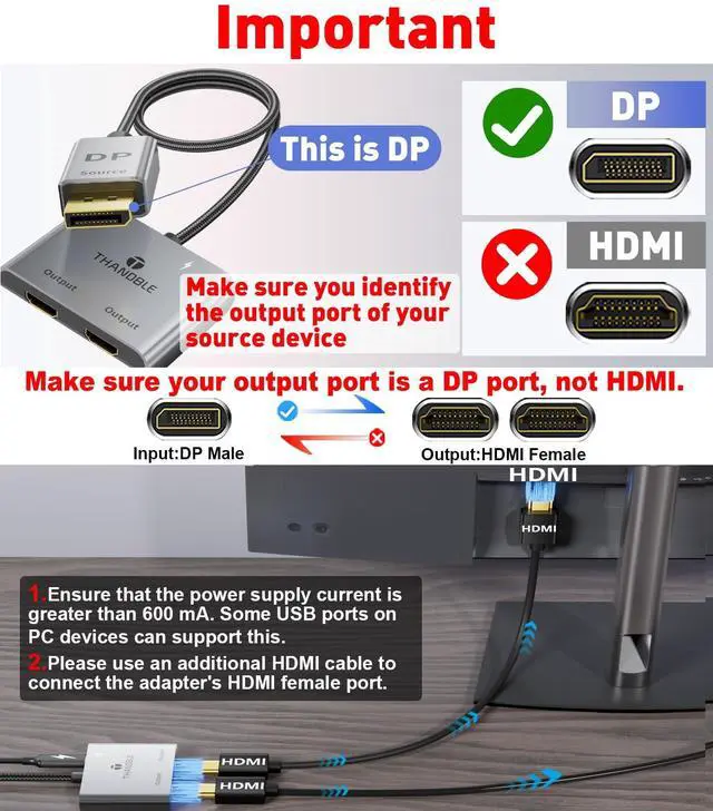 Alt view image 2 of 5 - THANDBLE DisplayPort to Dual HDMI Adapter (4K@60Hz) DP to HDMI Splitter for Dual Monitors Extended Display MST Display Port 1 in 2 Out Hub for PC, Graphics Card