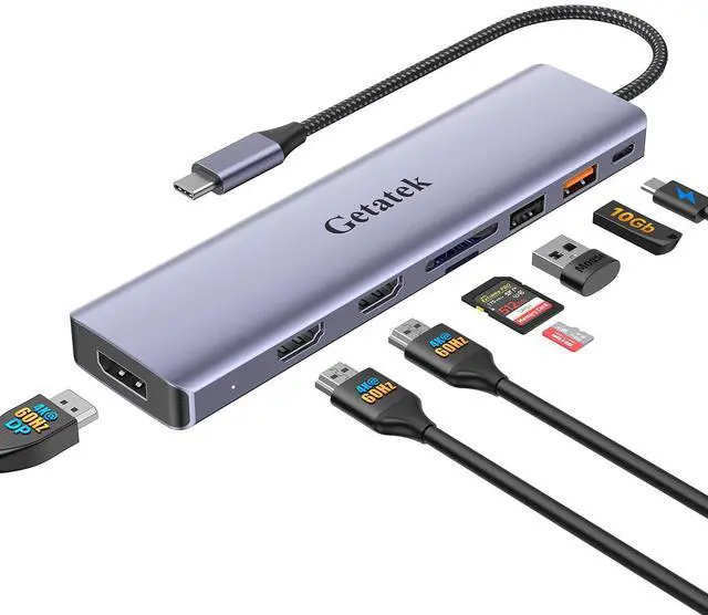 Main image of Getatek 10Gbps USB C Hub, USB-C Laptop Docking Station, 8in1 Triple Display Docking Station for Dell Hp Lenovo Surface Windows (Dual HDMI+ DisplayPort + PD3.0 100W +SD TF Card Reader +10GB USB Port)