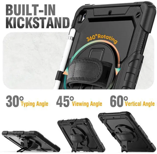 Alt view image 4 of 5 - HXCASEAC Case for iPad 9th/8th/7th Generation 10.2 inch, with Pencil Holder, Screen Protector, Hand Strap, Heavy Duty Protective for iPad 9/8/7 Case 10.2-inch 2021/2020/2019, Black