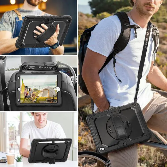 Alt view image 2 of 5 - HXCASEAC Case for iPad 9th/8th/7th Generation 10.2 inch, with Pencil Holder, Screen Protector, Hand Strap, Heavy Duty Protective for iPad 9/8/7 Case 10.2-inch 2021/2020/2019, Black