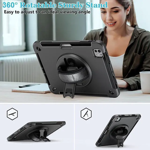 Alt view image 3 of 5 - Case for iPad Pro 13 Inch 7th Generation 2024: Military Grade Cover for iPad Pro 13" (M4) W/Screen Protector - Stand - Handle - Shoulder Strap - Pencil Holder- Black