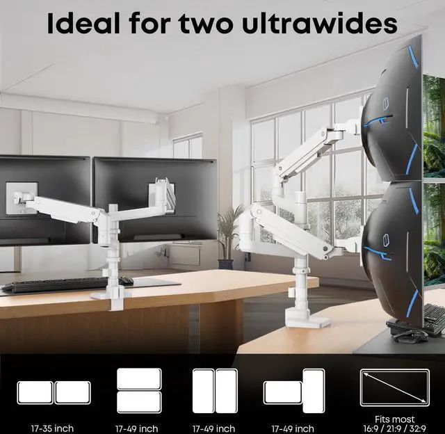 Alt view image 2 of 5 - PUTORSEN 17-49Premium Aluminum Heavy Duty Dual Monitor Arm for Ultrawide Screens up to 44lbs, Vertical Stacked Dual Monitor Desk Mount, Full Motion Dual Vertical Monitor Mount, VESA 75/100, White