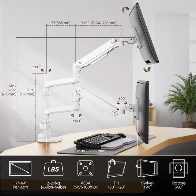 Alt view image 5 of 5 - PUTORSEN 17-49Premium Aluminum Heavy Duty Dual Monitor Arm for Ultrawide Screens up to 44lbs, Vertical Stacked Dual Monitor Desk Mount, Full Motion Dual Vertical Monitor Mount, VESA 75/100, White