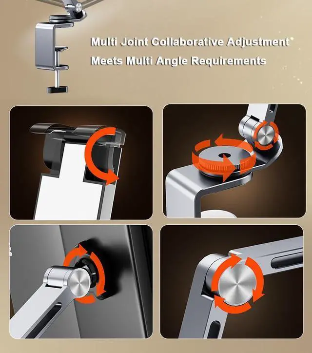 Alt view image 5 of 5 - Rotatable Holder Stand Tablet Holder Multi-Angle Design Phone Clip Swivel Mount Desktop Aluminum Alloy Cantilever Bed Desk Home Live Folding Bracket Compatible with 4"-13" Phone Tablet (Gray)
