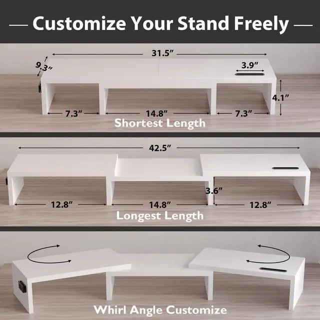 Alt view image 3 of 5 - BONTEC Dual Monitor Stand Riser with Smartphone Holder, Adjustable Length & Swivel Angle, Ergonomic Wooden Desktop Organizer for PC Monitor, Laptop, Printer, Large Storage, White