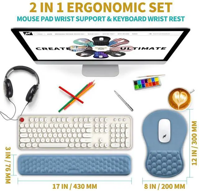 Alt view image 2 of 5 - Hokafenle 2 in 1 Ergonomic Mouse Pad Wrist Support & Wrist Rest for Computer Keyboard Set, with Relieve Carpal Tunnel Pain Massage Bulge and Full Memory Gel Design (2In1 Set, Lake Blue)