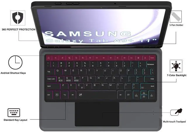 Alt view image 5 of 5 - for Galaxy Tab A9+ 11 inch Case with Keyboard - Rainbow Backlit Detachable Tablet Keyboard Cover with Touchpad - Auto Wake-up/Sleep Keyboard Case with Pen Holder for Samsung Galaxy Tab A9 Plus 5G 2023