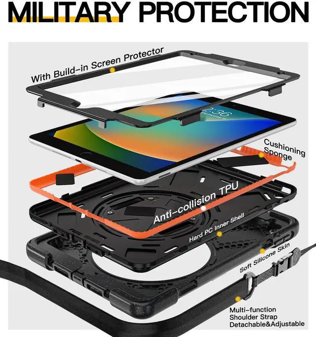 Alt view image 4 of 4 - BRAECN Case for ipad 9th/8th/7th Generation 10.2'' Heavy Duty Screen Protector 360° Rotating Stand Handle Pencil Holder Shockproof Drop Protection Shoulder/Hand Strap Durable Kids-Friendly