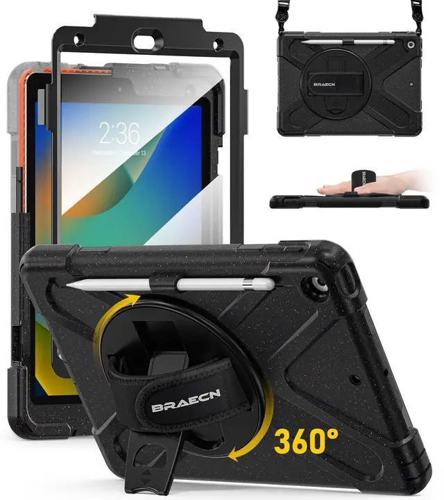 Main image of BRAECN Case for ipad 9th/8th/7th Generation 10.2'' Heavy Duty Screen Protector 360° Rotating Stand Handle Pencil Holder Shockproof Drop Protection Shoulder/Hand Strap Durable Kids-Friendly