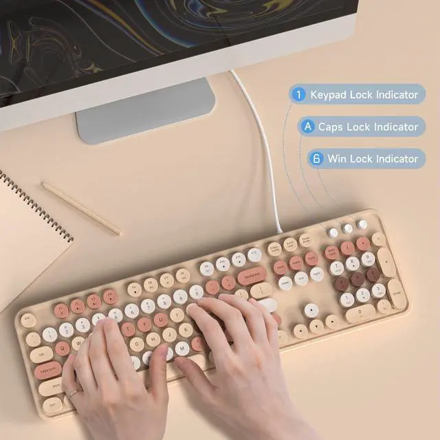 Alt view image 3 of 5 - Atelus Computer Wired Keyboard, Plug Play USB Full-Size Keyboard with Large Number Pad, Caps Indicators, Foldable Stands, for Windows 7/8/10 PC Laptop (Milk Tea Colorful)