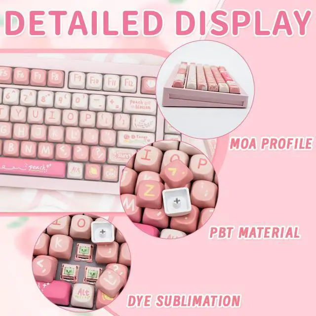 Alt view image 3 of 5 - COOMICKEY 134 Key Peach PBT Keycap Set, MOA Profile, Dye-Sublimation, Cute Keycaps for for Cherry Gateron MX Switches Mechanical Gaming Keyboard (Pink)
