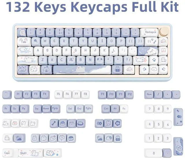 Alt view image 2 of 5 - COOMICKEY Blue White MOA Profile Custom PBT Keycaps 132 Keys Set Dye Sublimation Keycaps for 61/87/104/108/84/64/98/96 Mechanical Keyboard