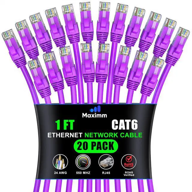 Main image of Maximm Cat 6 Ethernet Cable 1 ft (20-Pack) - High-Speed LAN Cable, Internet Cable, Patch Cable, and Network Cable - UTP, 10Gbps, 550MHz Ethernet Cord - Purple