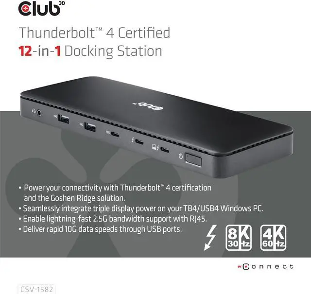 Alt view image 3 of 5 - Club 3D CSV-1582 Thunderbolt 4 Certified 12-in-1 Docking Station- with 40Gb/s Data and Video, 3 Display Output, Ethernet RJ45 2.5Gbps, USB 10G, Smart Power Function