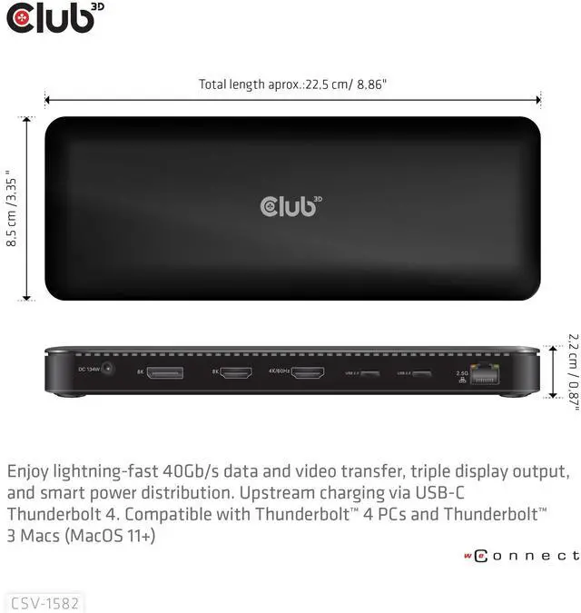 Alt view image 4 of 5 - Club 3D CSV-1582 Thunderbolt 4 Certified 12-in-1 Docking Station- with 40Gb/s Data and Video, 3 Display Output, Ethernet RJ45 2.5Gbps, USB 10G, Smart Power Function