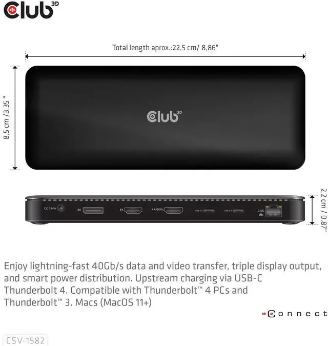 Alt view image 5 of 5 - Club 3D CSV-1582 Thunderbolt 4 Certified 12-in-1 Docking Station- with 40Gb/s Data and Video, 3 Display Output, Ethernet RJ45 2.5Gbps, USB 10G, Smart Power Function