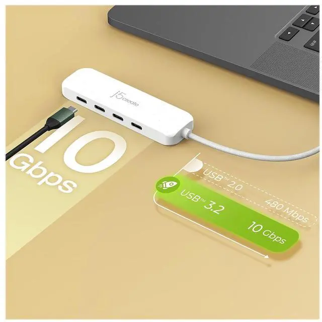 Alt view image 2 of 5 - j5create 4-in-1 USB-C to 4-Port 10Gbps Type-C Hub, Eco-Friendly, Compatible with MacBook Pro, MacBook Air, iPad, Mac mini, Windows Laptop, and More(JCH345EW)