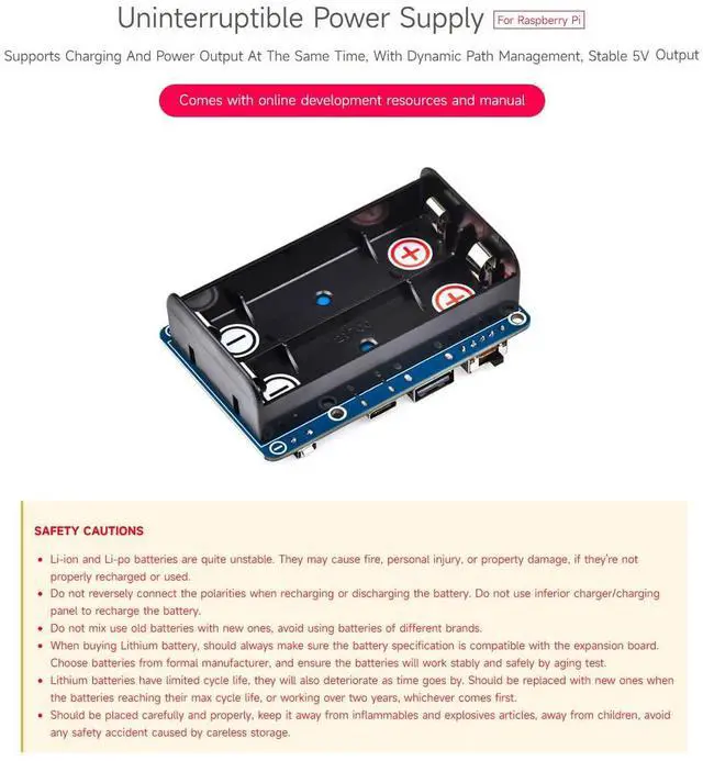 Alt view image 3 of 5 - Waveshare PS HAT (D) for Raspberry Pi, Supports 21700 Li Battery (NOT Included), 5V Uninterruptible Power Supply, Pogo Pins Connector, Supports Charging and Power Output at The Same Time