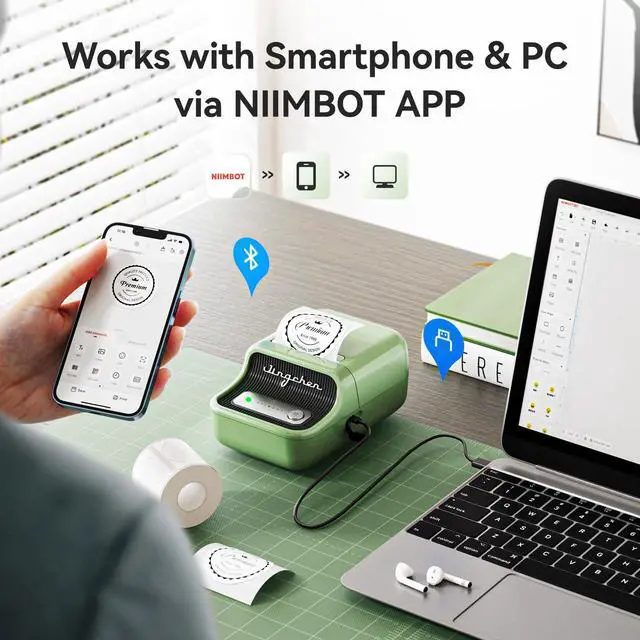 Alt view image 2 of 4 - NIIMBOT B21 Label Maker, 2 Inch Portable Thermal Label Printer, Label Maker Machine with Tape, Compatible with Android, iOS & PC,Labeling for Home Storage Office and Small Business,Green