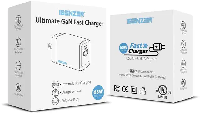 Alt view image 2 of 5 - iBenzer USB C Charger 65w PD 3.0, 2-Port Foldable Travel Wall Charger with 3FT USB-C Fast Charging Cord for iPhone 14/13/12, MacBook Pro/Air, iPad Pro, Switch, Galaxy S23/S22, Dell XPS 13, Steam Deck