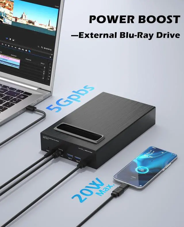 Alt view image 4 of 5 - 4 in 1 External Blu Ray Drive, 16X Blu-ray, 16X DVD, 48X CD Read/Write with SATA I/II/III Interface, USB 3.0 Type C External Bluray Burner for Laptop DVD Burner Compatible with Windows XP/7/8/10/11