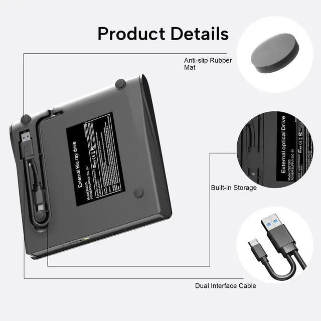 Alt view image 2 of 5 - External Blueray/DVD Drive for PC, Support 50G Disc External Blu Ray Drive, Portable USB 3.0 and Type-C Bluray Drives, Blu Ray Burner Suitable for Windows XP/7/8/10/11 MacOS for Laptop, Desktop, Mac