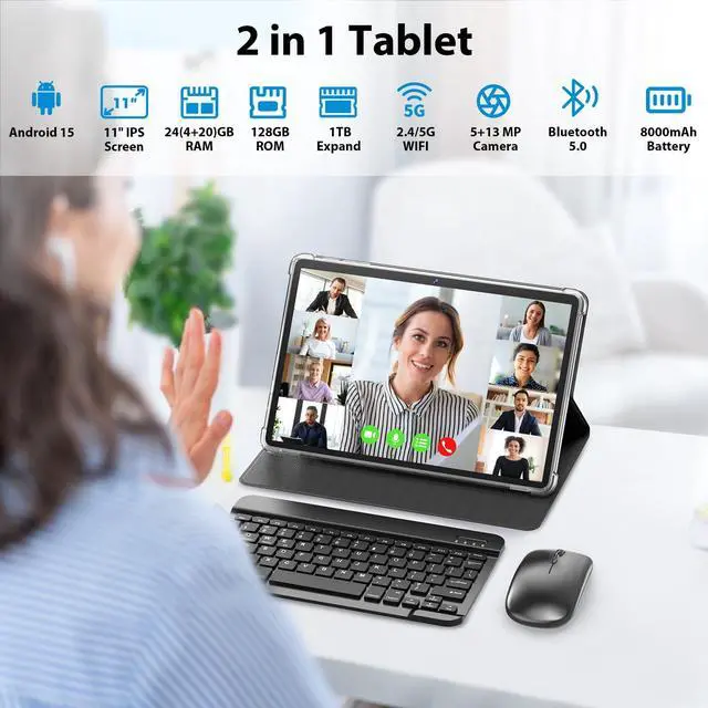 Alt view image 2 of 4 - Android Tablet, 11 inch Android 15 Tablet with Keyboard, 24GB+128GB, 1TB Expand, 8000mAh, 5MP+13MP, 2.4G&5G WiFi, IPS Touch Screen, GMS Certified, 2 in 1 Tablets with Case, Mouse, Stylus(Black)