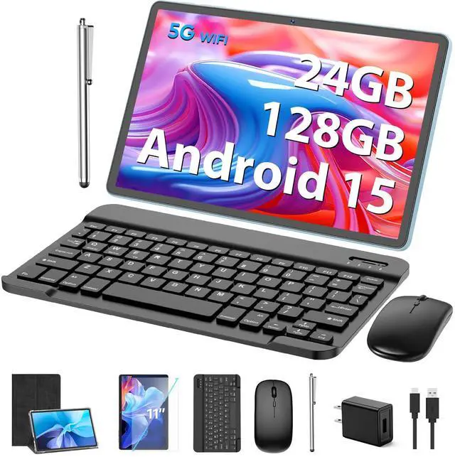 Main image of Android Tablet, 11 inch Android 15 Tablet with Keyboard, 24GB+128GB, 1TB Expand, 8000mAh, 5MP+13MP, 2.4G&5G WiFi, IPS Touch Screen, GMS Certified, 2 in 1 Tablets with Case, Mouse, Stylus(Black)