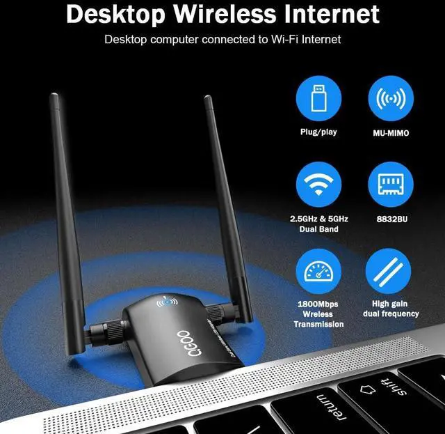 Alt view image 2 of 5 - WiFi 6 Adapter for Desktop PC, AX1800 USB 3.0 WiFi Dongle Dual Band 5Ghz/2.4Ghz High Gain Dual 5dBi Antennas 802.11ax MU-MIMO Wireless Network Adapter for Computer Laptop Supports Windows 11/10/8/7