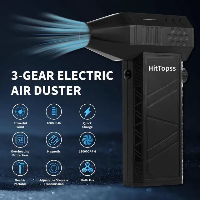 Alt view image 4 of 5 - Compressed Air Duster, HitTopss 130000RPM Mini Electric Air Duster, Adjustable Air Gear Jet Dry Air Blower Can with 2 Blowing Nozzles for Cleaning Car, PC Keyboard, Home and Outdoors