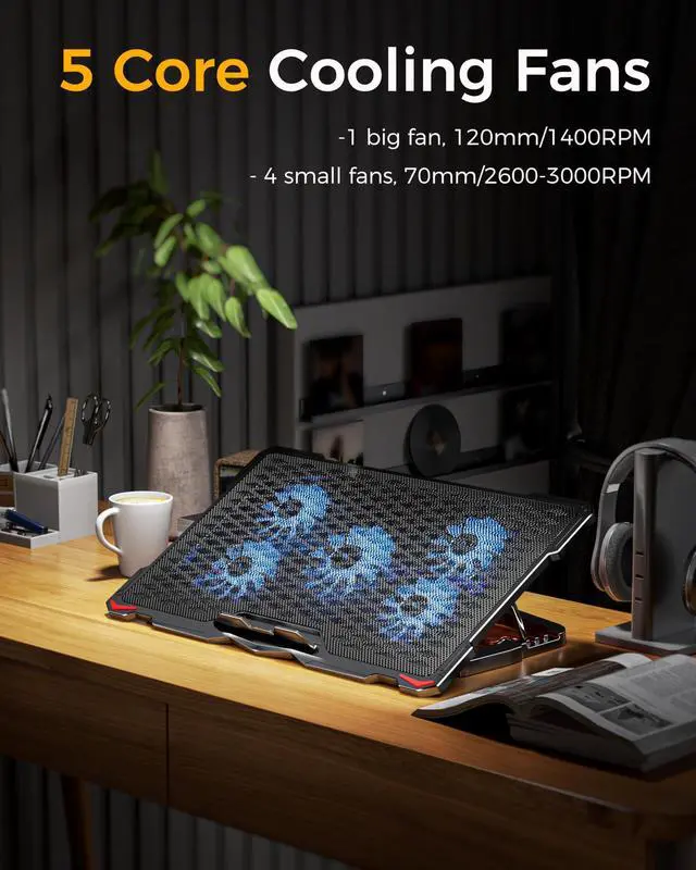 Alt view image 2 of 5 - AICHESON 5 Fans Blue & Red Laptop Cooling Pad Combination Set, Ergonomically Multiple Heights
