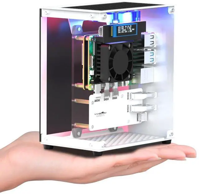 Main image of Yahboom Raspberry Pi 5 M.2 SSD PCIe Mini PC Case for Pi 5 with Tower Radiator,RGB Fan,OLED Display,with M.2 to Adapter,256GB NVME SSD