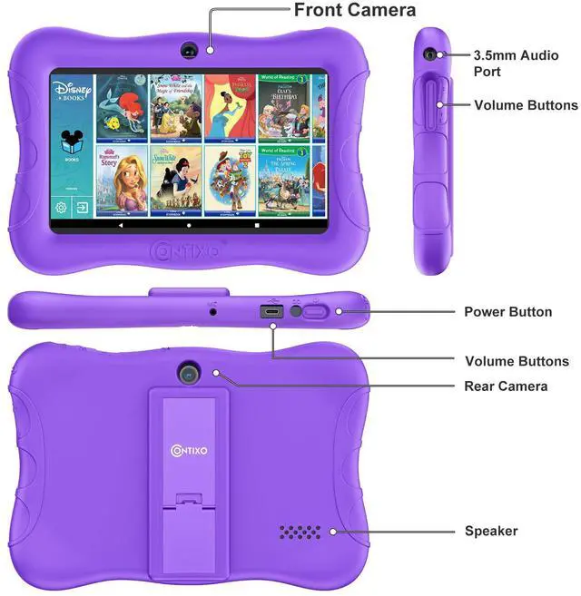 Alt view image 5 of 5 - Contixo 7 Kids Tablet - V9 Android Tablet and Sleeve Bag Bundle with 50+ Disney Storybooks & Stickers (Value $200), 32GB, Dual Cameras, Parental Control, Perfect for Back to School, Purple