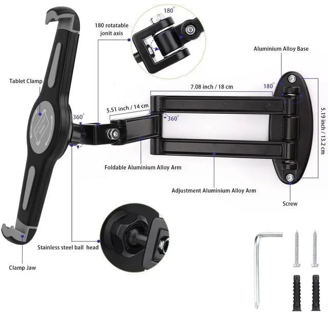 Alt view image 3 of 5 - Mippko Foldable Tablet Wall Mount Holder for 9.5~14.5" iPad/Nexus/LG G Pads/e-Reader/Fire HD/Switch/Surface Pro,360°Adjustable Extension Articulating Arm Swivels Mount