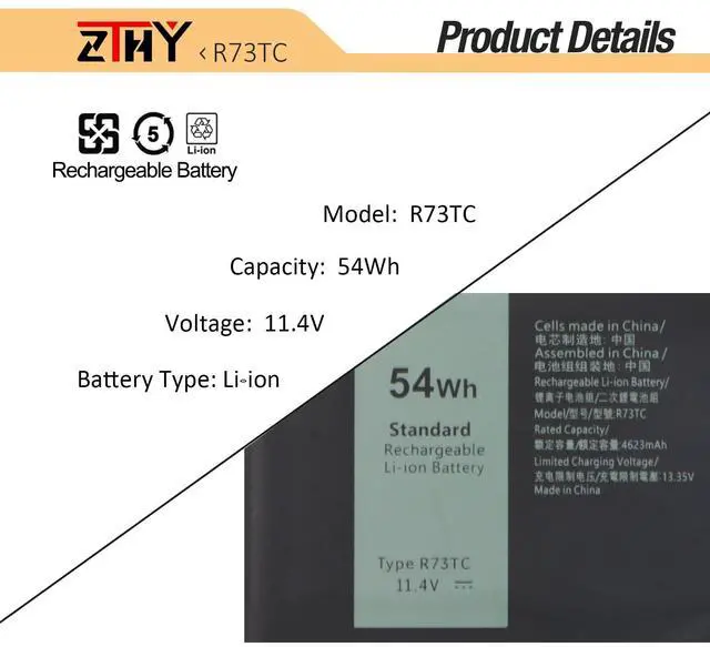 Alt view image 3 of 5 - R73TC DR02P Battery Replacement for Dell Latitude 3340 5340 5350 5440 5540 7455 Latitude 5340 2-in-1 5350 2-in-1 Precision 3480 3580 3490 3590 inspiron 14 Plus 7441 P170G P37G GRWKG JTG7N 54Wh 3-Cell
