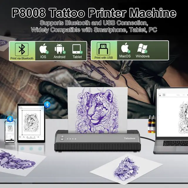 Alt view image 3 of 5 - Tatouhom Tattoo Stencil Printer, Bluetooth Portable Thermal Printer with 10pcs Transfer Paper, Wireless Tattoo Transfer Machine Compatible with Smartphone & PC