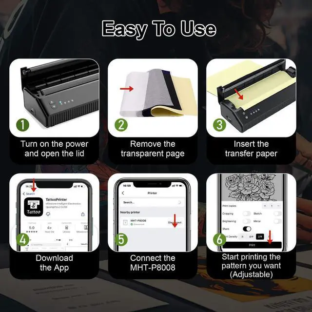 Alt view image 5 of 5 - Tatouhom Tattoo Stencil Printer, Bluetooth Portable Thermal Printer with 10pcs Transfer Paper, Wireless Tattoo Transfer Machine Compatible with Smartphone & PC