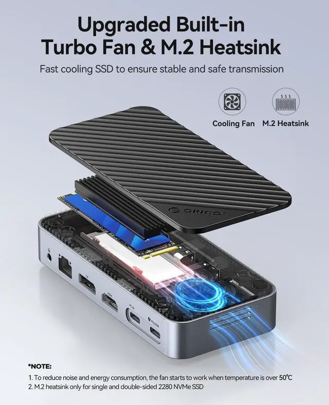Alt view image 3 of 5 - ORICO 12-in-1 USB C Hub with M.2 SSD Enclosure 10Gbps, Tool-Free USB C Docking Station with Built-in Fan, HDMI, DP, Gigabit Ethernet, 100W PD, SD/TF, Audio/Mic, USB A & Type C for Laptop Mac-M2P11