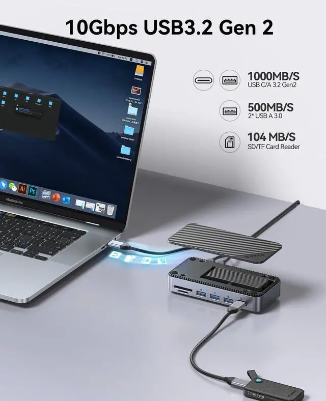 Alt view image 5 of 5 - ORICO 12-in-1 USB C Hub with M.2 SSD Enclosure 10Gbps, Tool-Free USB C Docking Station with Built-in Fan, HDMI, DP, Gigabit Ethernet, 100W PD, SD/TF, Audio/Mic, USB A & Type C for Laptop Mac-M2P11