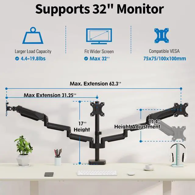 Alt view image 2 of 5 - ErgoFocus Triple Monitor Desk Mount for Computer Screens up to 32", Holds up to 19.8 lbs Each, 3 Monitor Arm with Gas Spring, Heavy Duty Stand Vesa Mount 75x75, 100x100