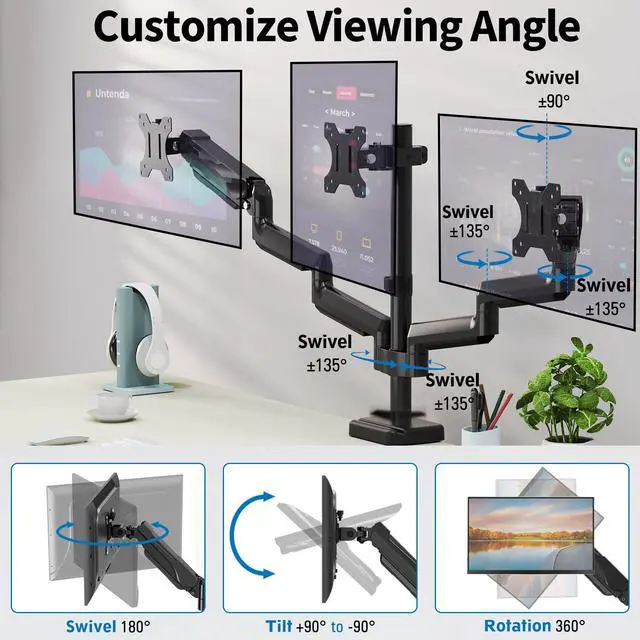 Alt view image 3 of 5 - ErgoFocus Triple Monitor Desk Mount for Computer Screens up to 32", Holds up to 19.8 lbs Each, 3 Monitor Arm with Gas Spring, Heavy Duty Stand Vesa Mount 75x75, 100x100