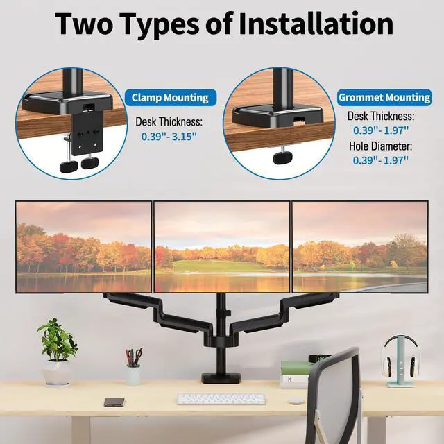 Alt view image 4 of 5 - ErgoFocus Triple Monitor Desk Mount for Computer Screens up to 32", Holds up to 19.8 lbs Each, 3 Monitor Arm with Gas Spring, Heavy Duty Stand Vesa Mount 75x75, 100x100