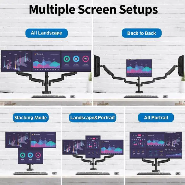 Alt view image 5 of 5 - ErgoFocus Triple Monitor Desk Mount for Computer Screens up to 32", Holds up to 19.8 lbs Each, 3 Monitor Arm with Gas Spring, Heavy Duty Stand Vesa Mount 75x75, 100x100