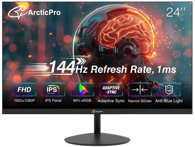 Main image of ArcticPro 24inch Computer Monitor, FHD 1080p, 144Hz Office and Gaming Monitor, IPS, 110% sRGB, 1ms Response Time, 3-Sided Frameless, Ultra Slim, VESA Mountable, Anti-Blue Light Design, HDMI, DP